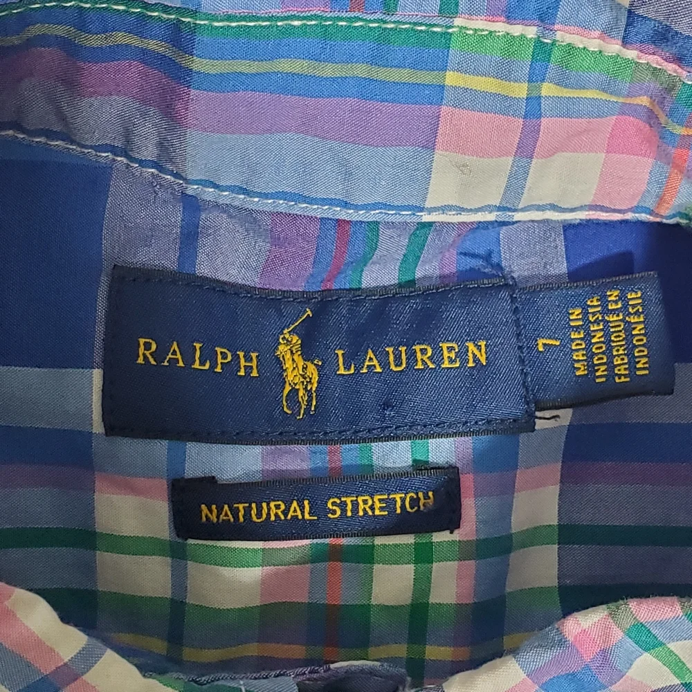 Ralph Lauren Boy blue plaid button down shirt Oxford Natural stretch Size 7‎